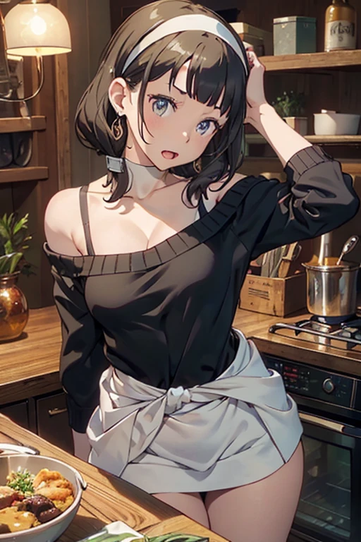 masterpiece, yor, 1girl, Bust A Cup, Amazing Cleavage:1.1, thin waist, big ass, Raised sexy, small breast: 1.1 posed cleavage:1.2、solo, looking at viewer, open mouth, have a cute grass of cute beergrass,black hair, dark green eyes, dress, bare shoulders, jewelry, collarbone, sidelocks, hairband, earrings, indoors, off shoulder, :o, sweater, arms behind back, plant, short hair with long locks, gild hairband, off-shoulder dress, sweater dress, off-shoulder sweater, red sweater, dark gord hair, big side hair, very long side hair,is rendered in (masterpiece: 1.2, best quality), with (ultra high resolution) and an exquisite (depth of field). This masterpiece is not only visually stunning but also tells,A scene of cooking in the kitchen