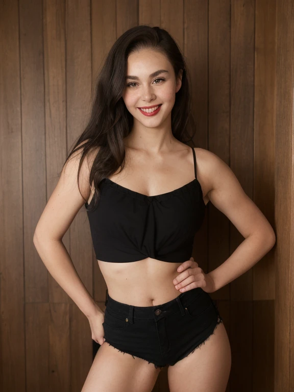 full body shoot, standing in front of light wooden walls, side view, french young tall girl, solo, , S033_RileyGuava, (dark hair:1.6), (pontytail:1.4), (thick eyebrow:1.4), smiling, red lips, (red croptop:1.2), (breats:1.4), (slim body:1.2), (black short:1.2),