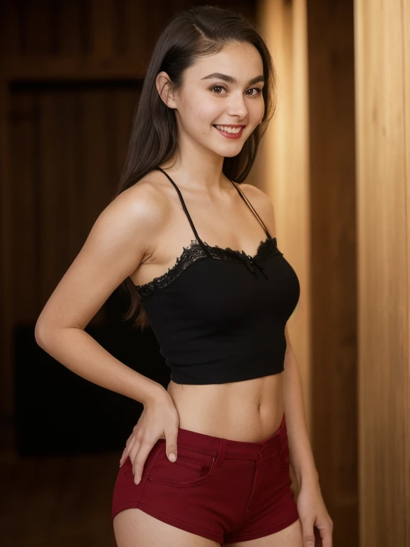 full body shoot, standing in front of light wooden walls, side view, french young tall girl, solo, 14 years old, S033_RileyGuava, (dark hair:1.6), (pontytail:1.4), (thick eyebrow:1.4), smiling, red lips, (red croptop:1.2), (breats:1.4), (slim body:1.2), (black short:1.2),