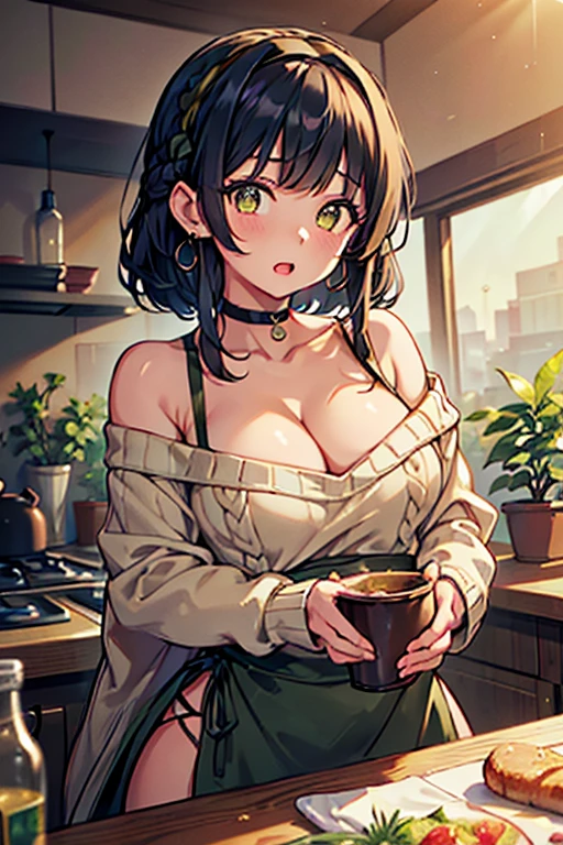 masterpiece, yor, 1girl, Bust A Cup, Amazing Cleavage:1.1, thin waist, big ass, Raised sexy, small breast: 1.1 posed cleavage:1.2、solo, looking at viewer, open mouth, have a cute grass of cute beergrass,black hair, dark green eyes, dress, bare shoulders, jewelry, collarbone, sidelocks, hairband, earrings, indoors, off shoulder, :o, sweater, arms behind back, plant, short hair with long locks, gild hairband, off-shoulder dress, sweater dress, off-shoulder sweater, red sweater, dark gord hair, big side hair, very long side hair,is rendered in (masterpiece: 1.2, best quality), with (ultra high resolution) and an exquisite (depth of field). This masterpiece is not only visually stunning but also tells,A scene of cooking in the kitchen