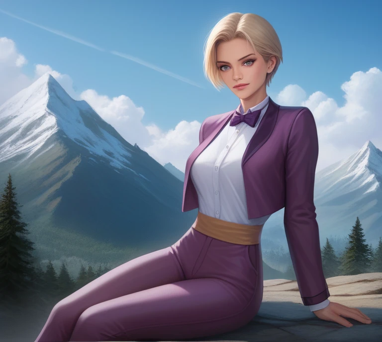 realism, score_9, score_8_superior, score_7_superior, score_6_superior, score_5_superior, score_4_superior, One girl, Coffking, Short blonde, Big Breasts, bow tie, purple cropped jacket, Purple Pants, Mountain, Sitting, Seductive pose, Nice views, Overlooking, Depth of written boundary
, Outdoor,