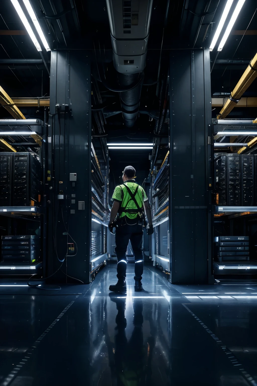 The Server Room: A vast, industrial space with rows upon rows of towering server racks humming with activity. Blinking LEDs cast a faint blue light on the metallic infrastructure. Cables snake across the floor like mechanical vines, disappearing into raised platforms. A lone technician in a high-vis vest stands before a monitor, carefully monitoring system performance.