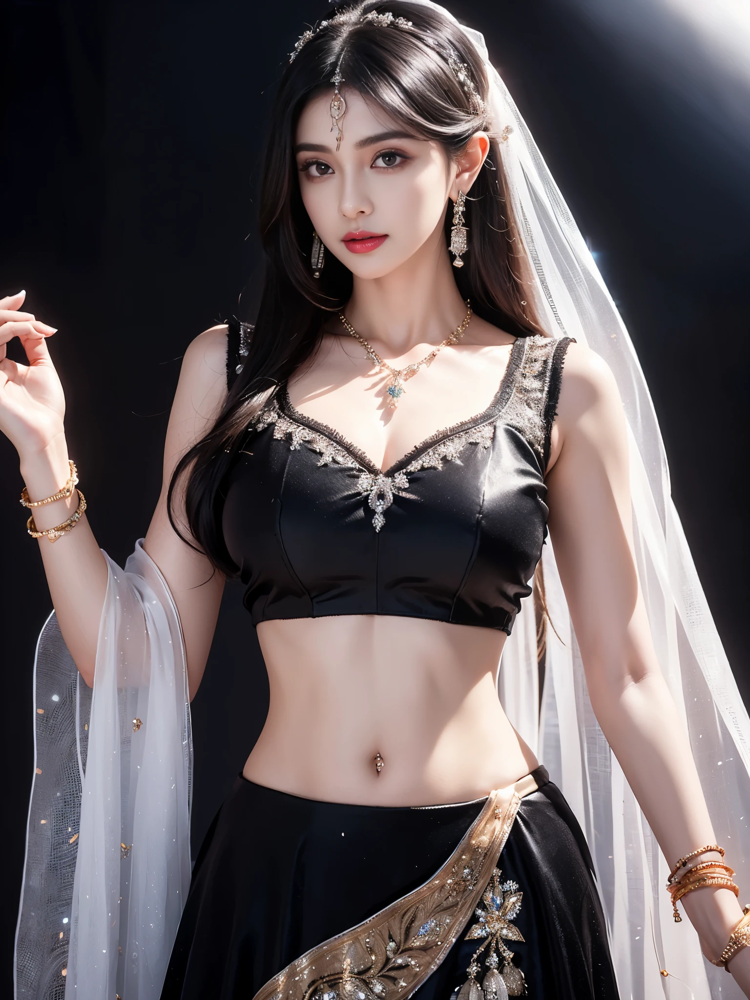 4K, UHD, masterpeice, 1 girl, good face, detailed eyes, detailed lips, very long hair, straight hair, very long hair, beautiful hair, hair ornaments, hairband, gradient hair, ((black lehenga)), ((bridal lehenga)), ((decorated blouse)), sardine, ((ornament lehenga)), ((black lace)), ((diamond bracelet)), ((pendant)), ornaments, necklace, earring, high lighting, ((bare stomach)), ((in the wedding stage)), black color,, depth of field, ray tracing, ultra realistic detailed,