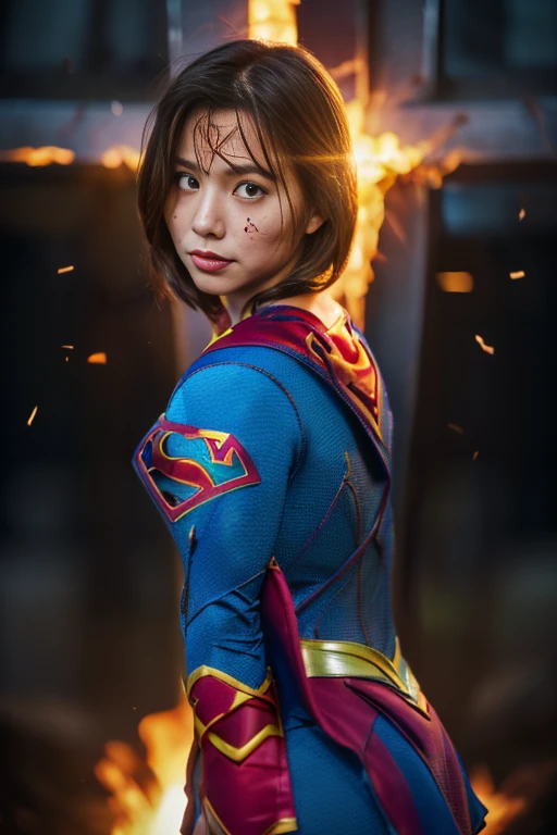 highest quality，masterpiece，Ultra-high resolution, Backwards、turn around、Very detailed, 8k，(Beautiful woman)，(一人のBeautiful woman)，((Crucifixion:1.5))，(((cross)))，(execution)，((incontinence))，Scared，torture，slave，((crossにCrucifixionにされた女性：1.5)),Crucifixion刑，((Supergirl:1.5))，Blue suit，Superman logo on chest，Red Skirt，Red Boots，((Torn Costume：1.5))，((Tearing of clothes：1.5))，(Tattered clothes：1.5)，Beaten face，顔にTraces of being beaten，((Bruises on the body))，Body scars，Facial and body injuries，(Bruise, dirty, Torn clothes, Revealing clothing, Blood:1.3)，Traces of being beaten，Defeated heroine，A ruined world，Remains，ruins，(Burning at the stake)，((Roasted by fire：1.2))，Inflammation，(Inflammationに包まれている)，足下にInflammation