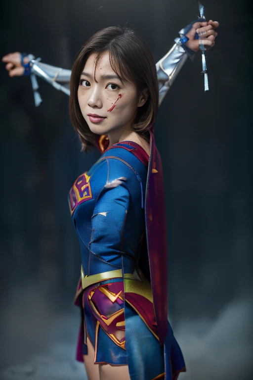 highest quality,masterpiece,Ultra-high resolution, Backwards、turn around、Very detailed, 8k,(Beautiful woman),(一人のBeautiful woman),((Crucifixion:1.5)),(((cross))),(execution),((incontinence)),Scared,torture,slave,((crossにCrucifixionにされた女性:1.5)),Crucifixion刑,((Supergirl:1.5)),Blue suit,Superman logo on chest,Red Skirt,Red Boots,((Torn Costume:1.5)),((Tearing of clothes:1.5)),(Tattered clothes:1.5),Beaten face,顔にTraces of being beaten,((Bruises on the body)),Body scars,Facial and body injuries,(Bruise, dirty, Torn clothes, Revealing clothing, Blood:1.3),Traces of being beaten,Defeated heroine,A ruined world,Remains,ruins,(Burning at the stake),((Roasted by fire:1.2)),Inflammation,(Inflammationに包まれている),足下にInflammation