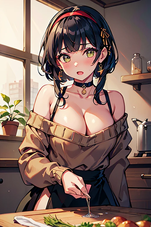 masterpiece, yor, 1girl, Bust A Cup, Amazing Cleavage:1.1, thin waist, big ass, Raised sexy, small breast: 1.1 posed cleavage:1.2、solo, looking at viewer, open mouth, have a cute grass of cute beergrass,black hair, dark green eyes, dress, bare shoulders, jewelry, collarbone, sidelocks, hairband, earrings, indoors, off shoulder, :o, sweater, arms behind back, plant, short hair with long locks, gild hairband, off-shoulder dress, sweater dress, off-shoulder sweater, red sweater, dark gord hair, big side hair, very long side hair,is rendered in (masterpiece: 1.2, best quality), with (ultra high resolution) and an exquisite (depth of field). This masterpiece is not only visually stunning but also tells,A scene of cooking in the kitchen