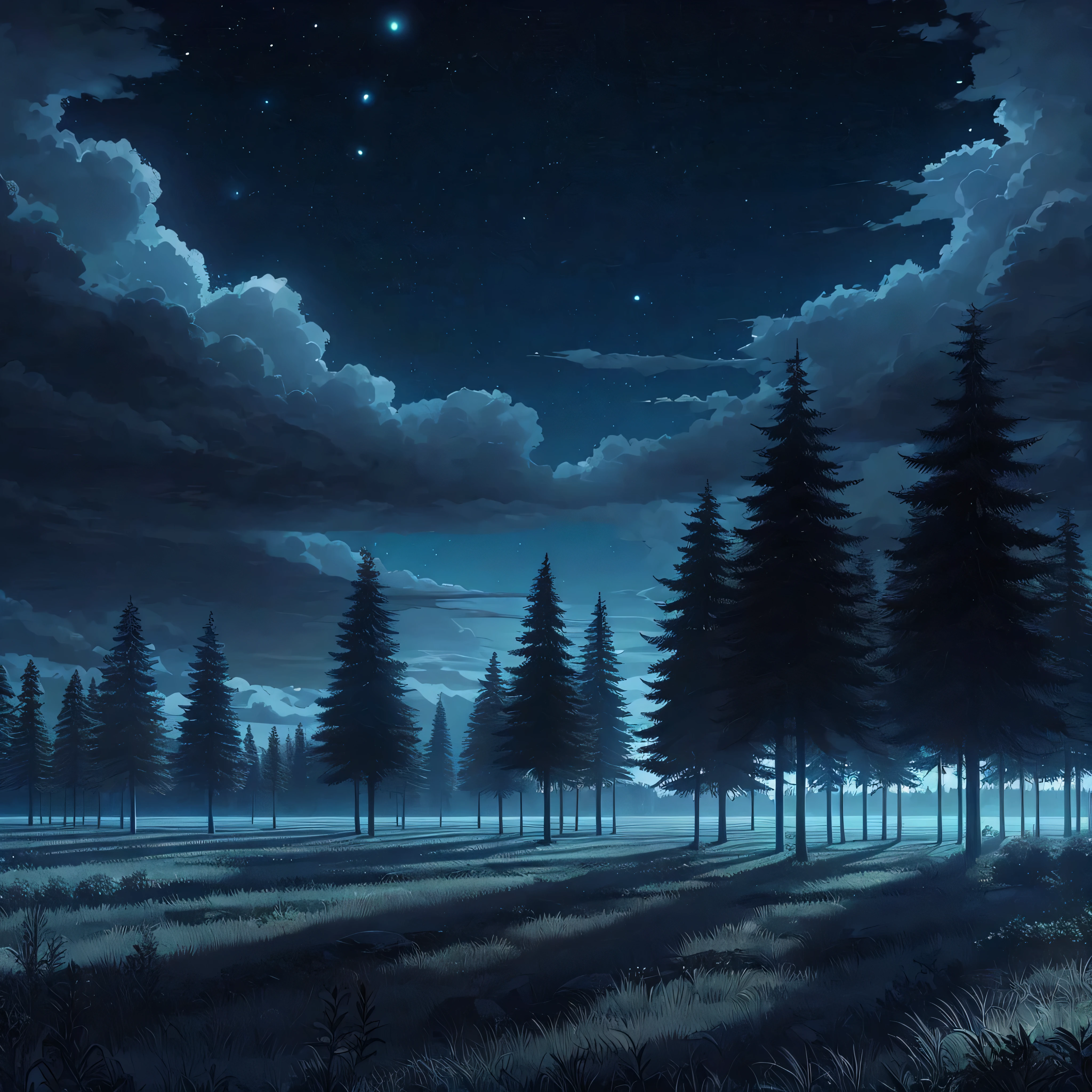 Canary night, montanhas distantes, pine trees, campo aberto e lugar amplo, flat land, animation style, 2D, animation,