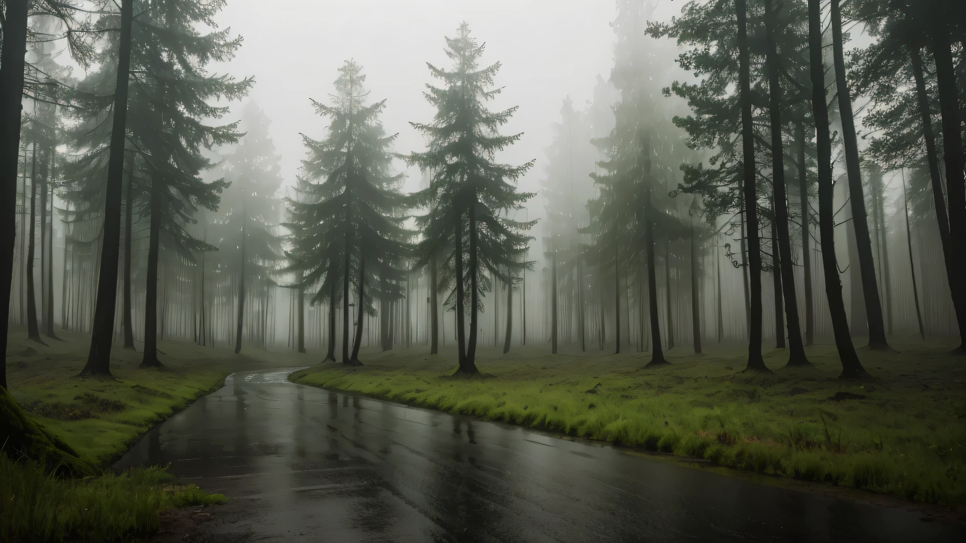 an ultrarrealistic image of a forest at a rainy day, wet ground, dark sky, foggy day