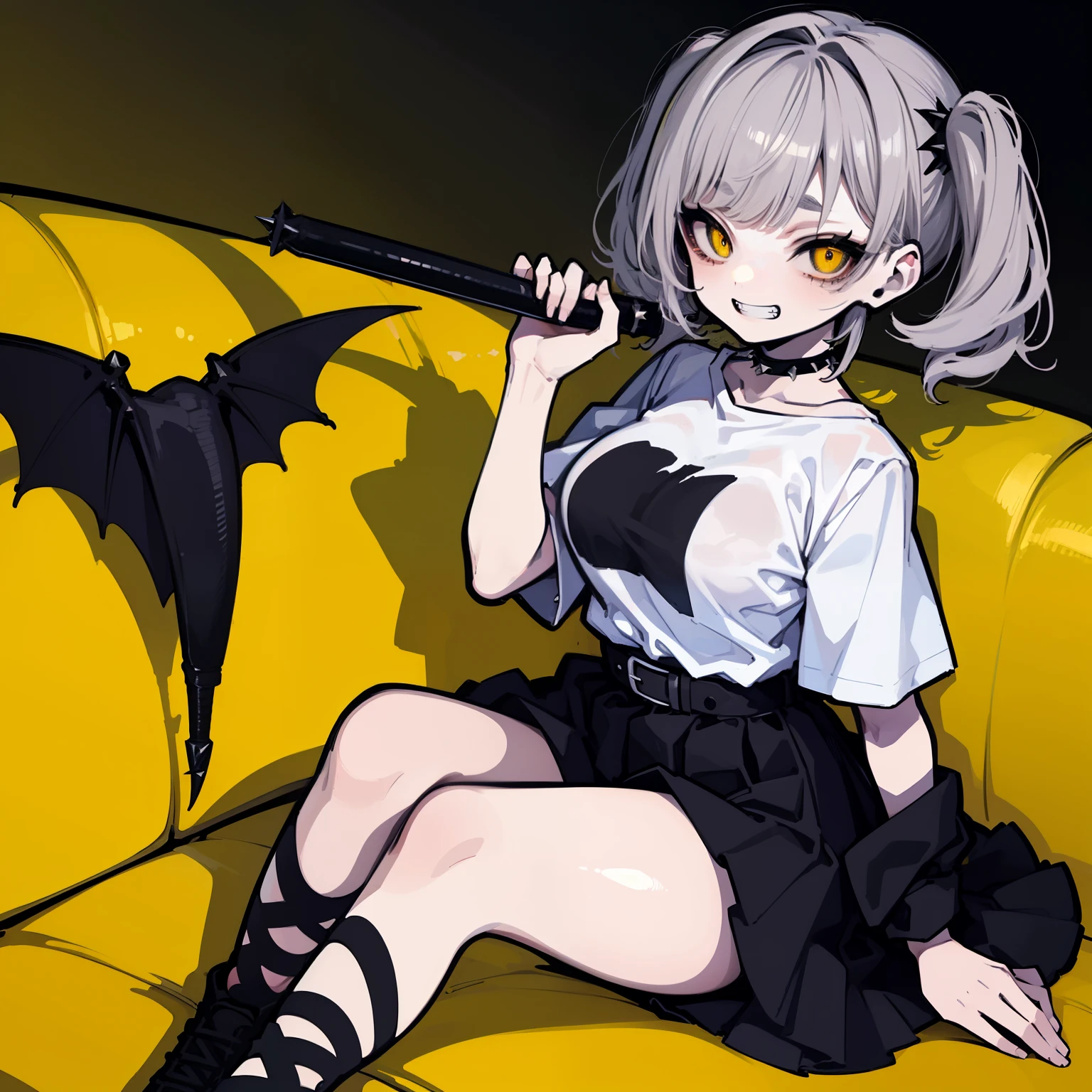 {{{{masterpiece}}}},{{highest quality}},{{Official Art}},{{Highly detailed CG Unity 8k wallpaper}},{{{Art Book}}},One girl, Blue Hair, ((ミディアムshort hair)), ((Messy Hair)), (short hair), (((Messy Hair))), ((Big short twin tails)), ((Diagonal bangs)), Yellow Eyes, Slanted Eyes, ((Thick eyebrows)), tooth, (((A nasty smile, Grin, tooth))), ((Black short sleeve shirt)), Black pleated short skirt, Spiked Choker, Spike Leg Ring, Black shoes, Yellow Belt, Huge breasts, Dark Theme, {{White skin}}, Horror, figure, special forces, Luminous pupils, Neck folds, headphone, alone, Sitting on the couch, Young girl, Holding the spike bat