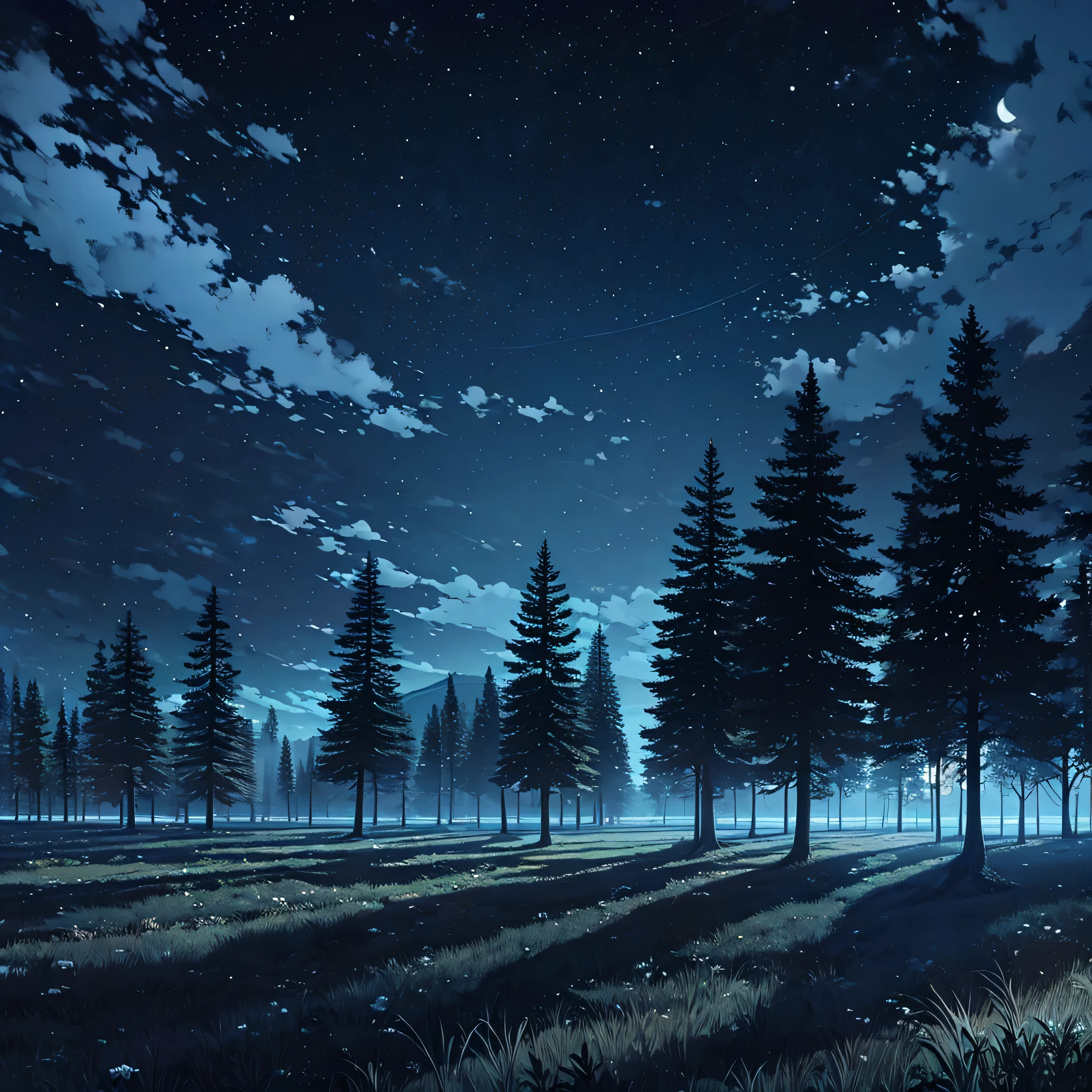 Canary night, montanhas distantes, pine trees, campo aberto e lugar amplo, flat land, animation style, 2D, animation,
