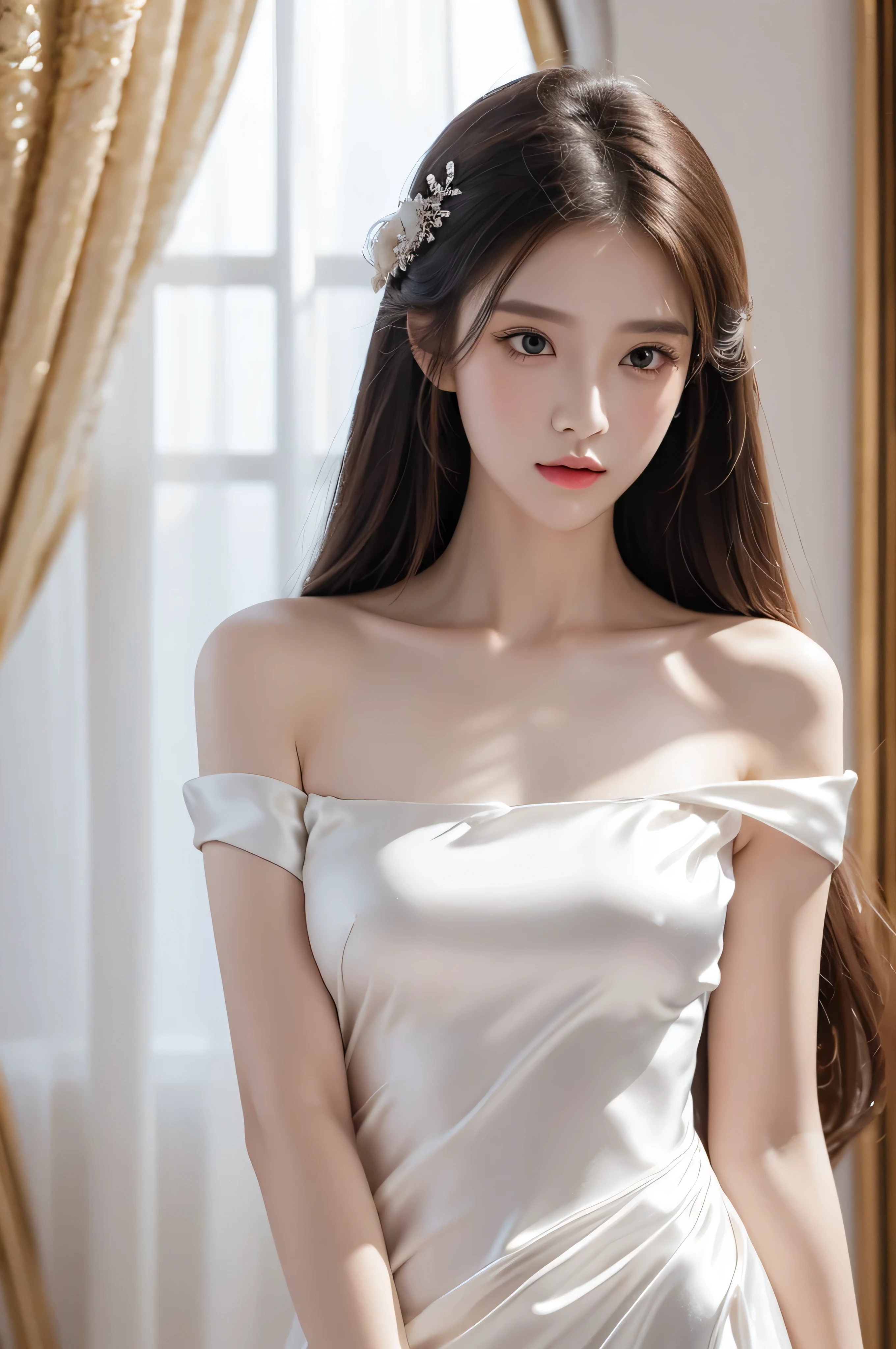 beautiful, masterpiece, best quality, Extremely detailed face,1 girl, Solitary，Light White Silk Dress，whole body