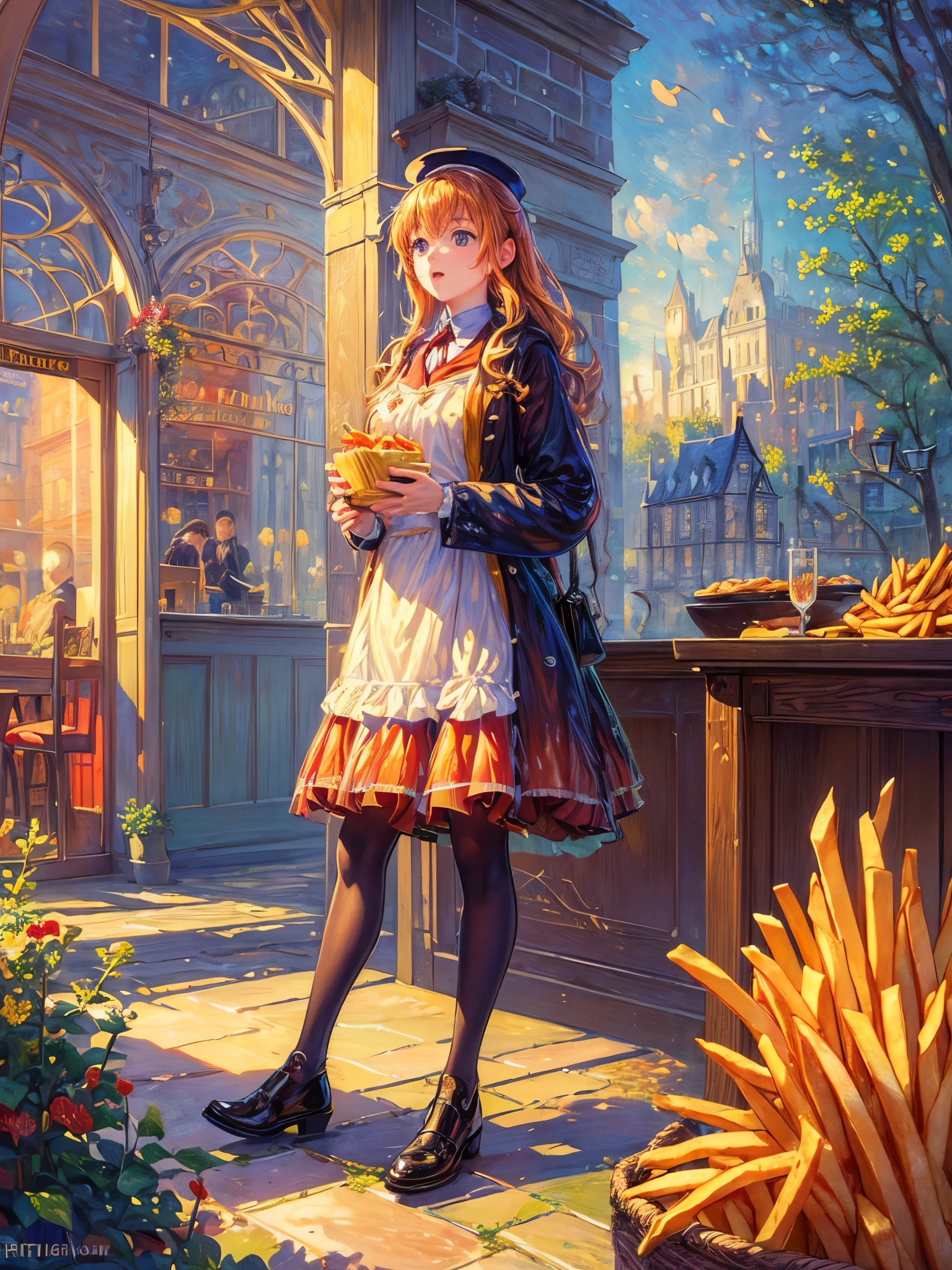 [(transparent background: 1.5)::5],(((masterpiece))),(((best quality))),(((extremely detailed))),illustration, mysterious,vivid color, shiny , (impressionism: 1.4), Pret A Manger, (French Fries), Family Barrel, (Fish and Chips), (snack bar), (food stand), london, (Harry Potter style), wizarding world style, restaurant, food, food service, typography, mysterious fonts,
