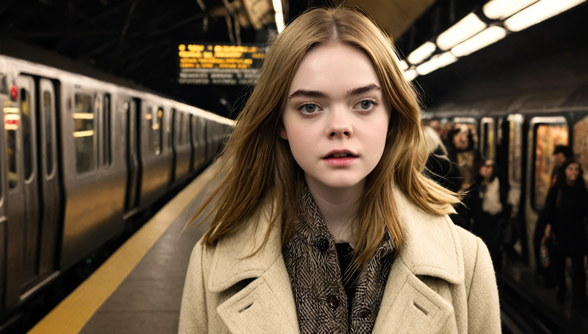 a young woman elle fanning pausing dramatically at what appears to be a subway station. She has an intense and slightly absorbed expression, with eyes wide open and directly engaging the viewer, giving a sense of immediacy and connection. The depth in her gaze, paired with her neatly styled brown hair and subtle makeup, emphasizes a candid moment amidst a bustling environment. She wears a textured coat that adds a touch of warmth and seasonal appropriateness to the scene. The lighting highlights her face and eyes, contrasting with the softer, dimly lit background that hints at the urban setting without stealing focus from her. The overall mood is reflective, underscored by a warm yet muted color palette dominated by browns and soft yellows