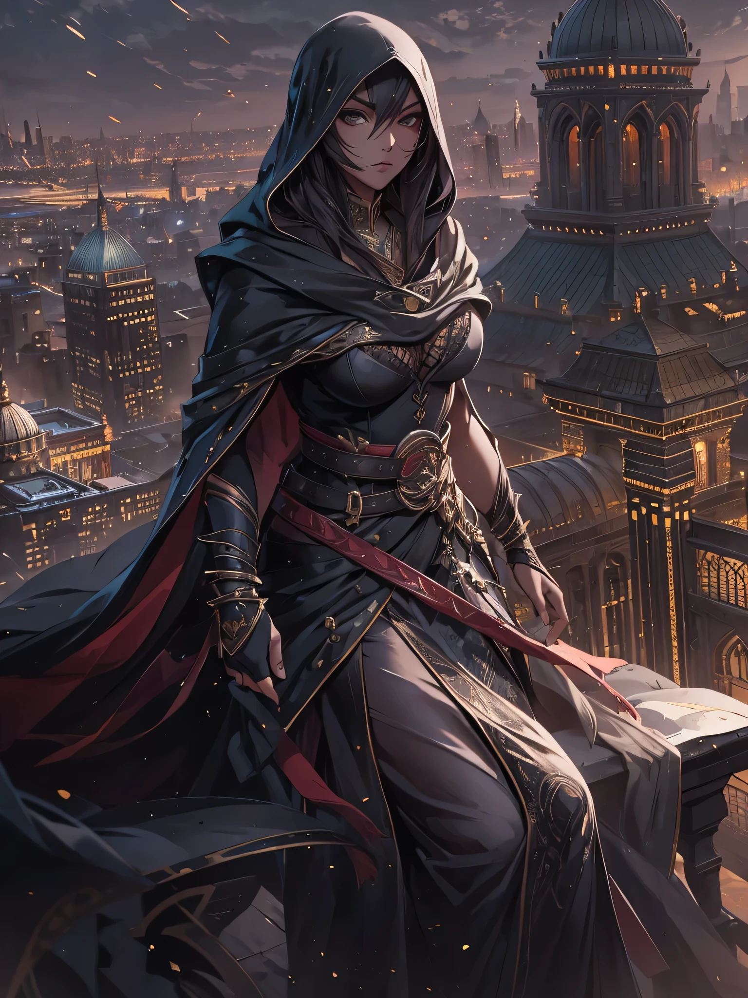 Perched majestically atop a towering edifice in the heart of bustling Baghdad, a striking and enigmatic figure commands attention. Draped in the iconic garb of Ezio Auditore, her attire, bathed in sleek black, epitomizes elegance and mystery. The intricate folds of her assassin’s robe cascade gracefully around her form, the hood partially concealing her visage, adding an alluring air of secrecy. Beneath her lofty vantage point, the city sprawls in a mesmerizing tapestry of twinkling lights, its vibrant energy pulsating through the night. The supple fabric of her attire gently sways in the nocturnal breeze, offering tantalizing glimpses of her alluring silhouette. Though her mouth is veiled in the manner of a silent warrior, her eyes shimmer with a potent blend of determination and allure. With a hidden blade discreetly tucked away, she embodies the perfect fusion of danger and allure, poised to navigate the urban labyrinth with grace and precision.