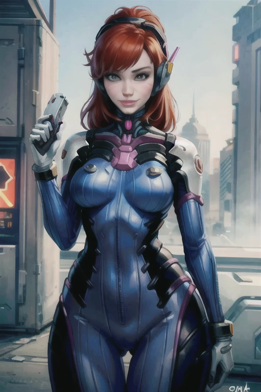 ((masterpiece,best quality)), Christina Hendricks portraying the character of D.VA from Overwatch, high detail face, 48 years old women, red hair, headphones, whisker markings, shoulder pads, blue bodysuit, ribbed bodysuit, animal print, clothes writing, long sleeves, white gloves, cowboy shot, standing, holding weapon, handgun, smile, cyberpunk,
