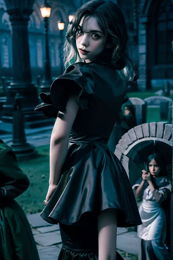 (highest quality,4K,8k,High range,Master Parts:1.2),Ultra-detailed,(Realistic,Realistic,Backwards,turn around,Photorealistic:1.37),Goth vampire girl standing in a cemetery at night, With big wings, Beautiful eyes in every detail, Long eyelashes,Pale skin, Gray Hair, Long black dress, Moonlit Landscape,Gothic architecture,Dramatic Shadows, mystery ,Subtle fog,Dark and eerie environment,Unforgettable beauty,Vibrant colors,Dim lighting,atmospheric portrait,emotional expression,Tim Burton-inspired style
