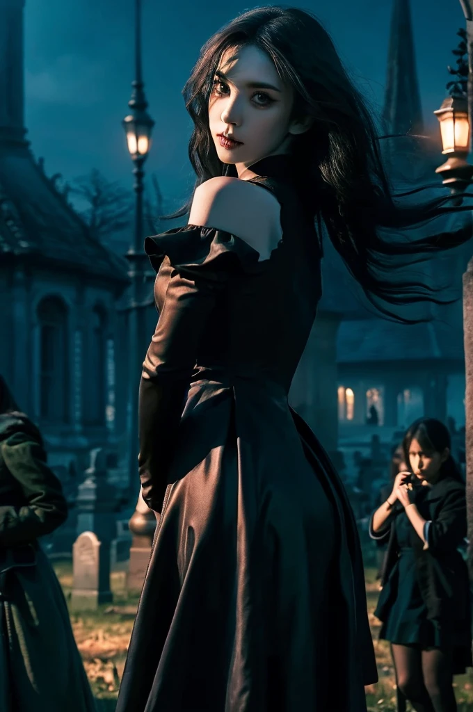 (highest quality,4K,8k,High range,Master Parts:1.2),Ultra-detailed,(Realistic,Realistic,Backwards,turn around,Photorealistic:1.37),Goth vampire girl standing in a cemetery at night, With big wings, Beautiful eyes in every detail, Long eyelashes,Pale skin, Gray Hair, Long black dress, Moonlit Landscape,Gothic architecture,Dramatic Shadows, mystery ,Subtle fog,Dark and eerie environment,Unforgettable beauty,Vibrant colors,Dim lighting,atmospheric portrait,emotional expression,Tim Burton-inspired style