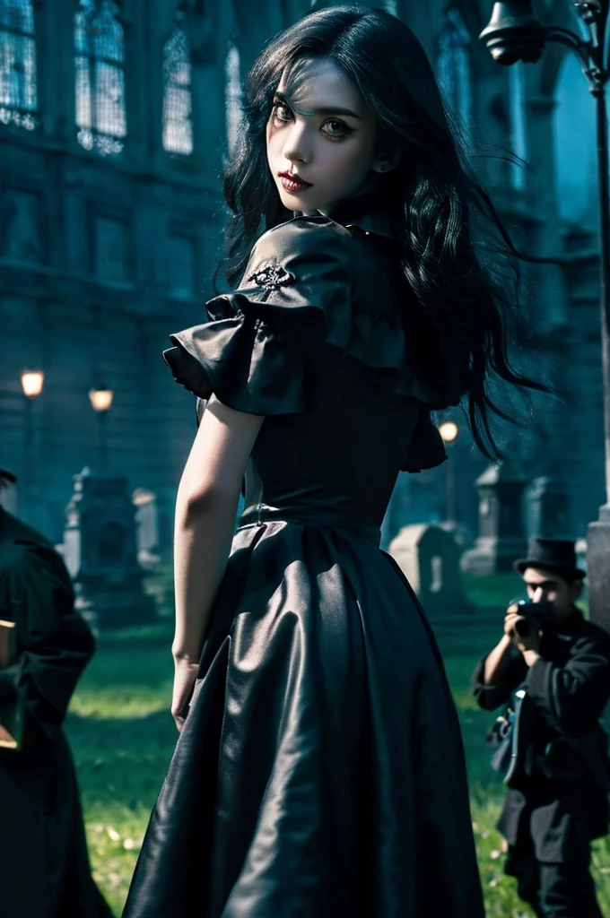 (highest quality,4K,8k,High range,Master Parts:1.2),Ultra-detailed,(Realistic,Realistic,Backwards,turn around,Photorealistic:1.37),Goth vampire girl standing in a cemetery at night, With big wings, Beautiful eyes in every detail, Long eyelashes,Pale skin, Gray Hair, Long black dress, Moonlit Landscape,Gothic architecture,Dramatic Shadows, mystery ,Subtle fog,Dark and eerie environment,Unforgettable beauty,Vibrant colors,Dim lighting,atmospheric portrait,emotional expression,Tim Burton-inspired style