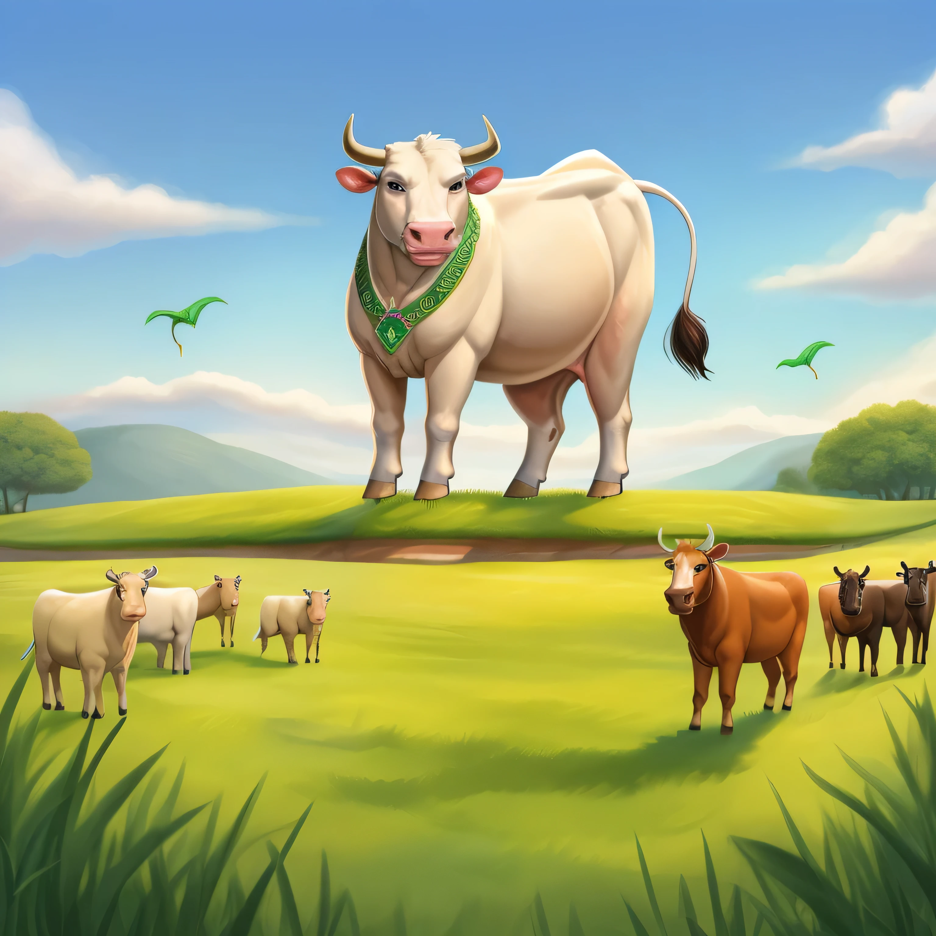 In a vibrant and lively pasture, an exquisitely animated cow gracefully feasts upon a bed of emerald-green grass. This bovine icon stands tall, its muscular physique emitting an undeniable aura of power and dominance. Adorning its sturdy frame are intricate patterns of dollar signs, a symbol of its revered status within the herd. Surrounding the esteemed cow, a group of fellow bovines respectfully gather, eagerly awaiting their leader's commands. Each cow looks up to this majestic figure, their gazes filled with admiration and obedience. With an air of authority, the animated cow confidently issues orders, guiding its fellow herd members with unwavering confidence. This remarkable scene, captured in stunning detail, showcases the union of strength and prosperity, rendering