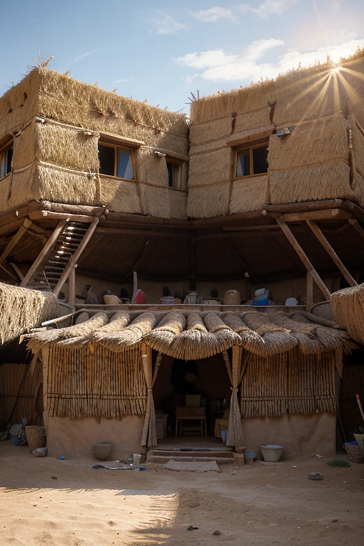 has una imagen animada de las viviendas ye indumentarias Vivienda e Indumentaria
Vivienda: The chiefs lived in large rammed earth buildings covered with straw., while the common people lived in small bahareque huts. In cold areas, las viviendas eran redondas y excavadas en el suelo.
Indumentaria: Men's clothing consisted of tank tops and square blankets., con el cabello atado y sombreros usados por caciques y principales. The clothes included flip flops (calzado) y collares de moscas, chaquiras de oro o plata, cuentas de colores, y brazaletes.