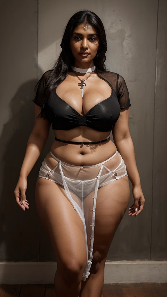 Indian model, 30 year old woman, oily brown skin, Christian nun costume, chain with holy cross on neck, ,plus size body, white mesh blouse, cleavage, black mesh short skirt,hands tied back,photorealistic, high resolution, full body view
