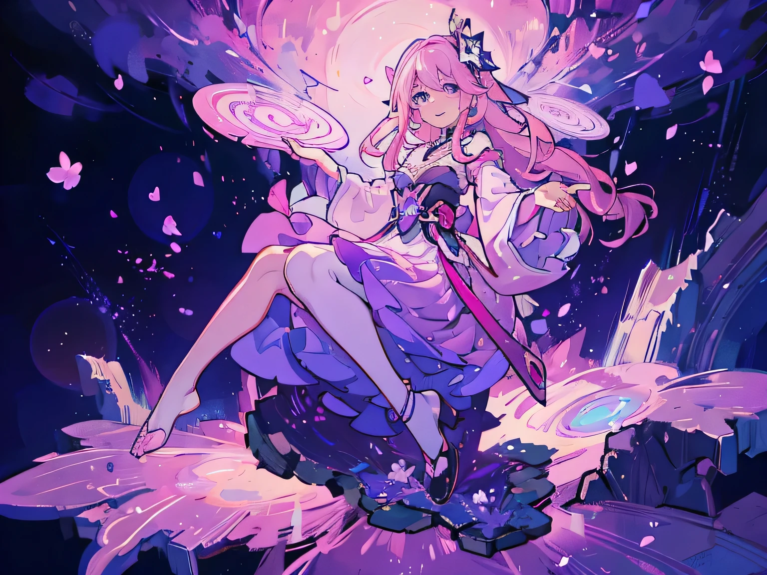 A young woman, fairy, beautiful, smiling, long pink hair, purple eyes, wearing a dress with flowers, full body shot, mysterious, empathetic, intelligent, fairy tale style, white background, personal, illustration, Toei Animation, Japanese animation