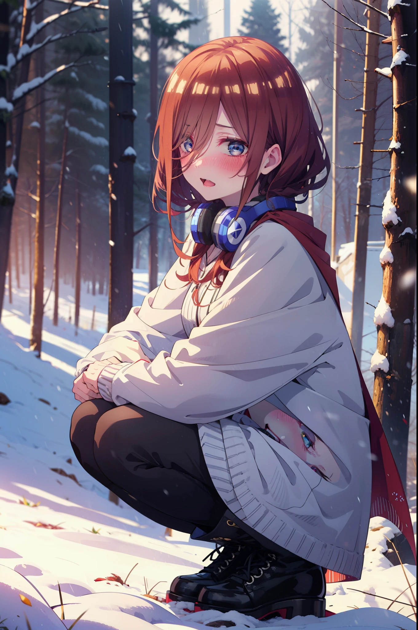 Miku Nakano, Miku Nakano, Long Hair, bangs, Brown Hair, shirt, Hair between the eyes, cardigan, Headphones around the neck,smile,blush,White Breath,
Open your mouth,snow,Ground bonfire, Outdoor, boots, snowing, From the side, wood, suitcase, Cape, Blurred, Increase your meals, forest, White handbag, nature,  Squat, Mouth closed, フードed Cape, winter, Written boundary depth, Black shoes, red Cape break looking at viewer, Upper Body, whole body, break Outdoor, forest, nature, break (masterpiece:1.2), highest quality, High resolution, unity 8k wallpaper, (shape:0.8), (Beautiful and beautiful eyes:1.6), Highly detailed face, Perfect lighting, Extremely detailed CG, (Perfect hands, Perfect Anatomy),