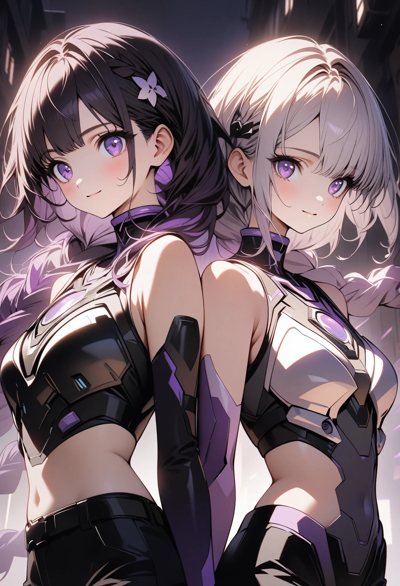 (highest quality, Very detailed, anime style, anime, High Contrast, masterpiece, highest quality, Best aesthetics), Two Girls, Two girls back to back, Random Pause, (Girl on the right, short hair, White top, Black Breastplate,smile), (The Girl on the Left, Cyber Suit, Separated sleeves, Bare shoulders, Black top, Silver breastplate, Energy disk on chest, Black Mini Skirt, Belt connecting left and right sleeves, Cyber Suit in black with purple accents, ((White and purple gradient hair:1.4, Braided long hair, black and white hair accessories, Dark purple bangs, Asymmetrical bangs)), Purple Eyes, Double eyelids, Detailed face, Loose braid, Indifference, kind), Dark Color Palette, Dark Alley, night, Near future city, Lens flare, Perfect Anatomy.