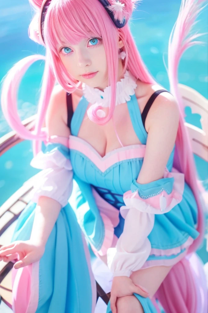 Anime girl with pink hair and blue eyes sitting on a chair, Cute waifu in a nice dress, Enchanting girl, Long Hair Anime Girl, Double-tailed pink hair and cyan eyes, Vocaloid, megurine luka, Headphones