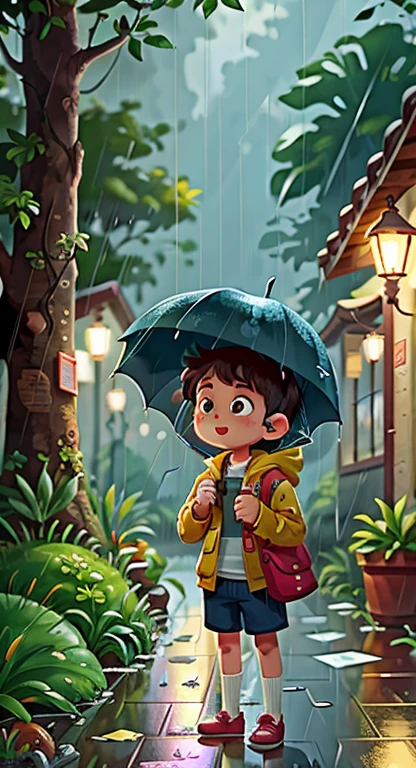 Raining, boy, listening to music 