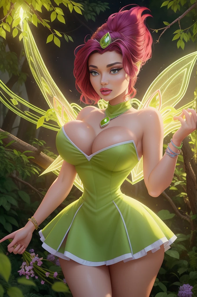 High-quality artwork portraying Tecna, the technology fairy, in an outfit inspired by Tinker Bell from the 'Peter Pan' movie, but with a more organic and natural approach, as if she crafted her attire using elements found in the forest. Her skirt is short, emphasizing her thick thighs, and made of leaves from a magical plant, with an iridescent appearance when catching sunlight. The bodice is adorned with wildflowers and leaves, accentuating her slim waist and ample bust, creating a sense of harmony with the natural environment. Tecna wears accessories made of crystals and stones found in the forest, such as bracelets intertwined with branches and necklaces with crystal pendants. Her hair is adorned with small flowers and leaves, adding a touch of delicacy and elegance. She is surrounded by a glowing energy aura, emanating from her wings made of petals and leaves. The details of Tecna's outfit convey a sense of connection with nature and magical power while still reflecting her technological prowess.