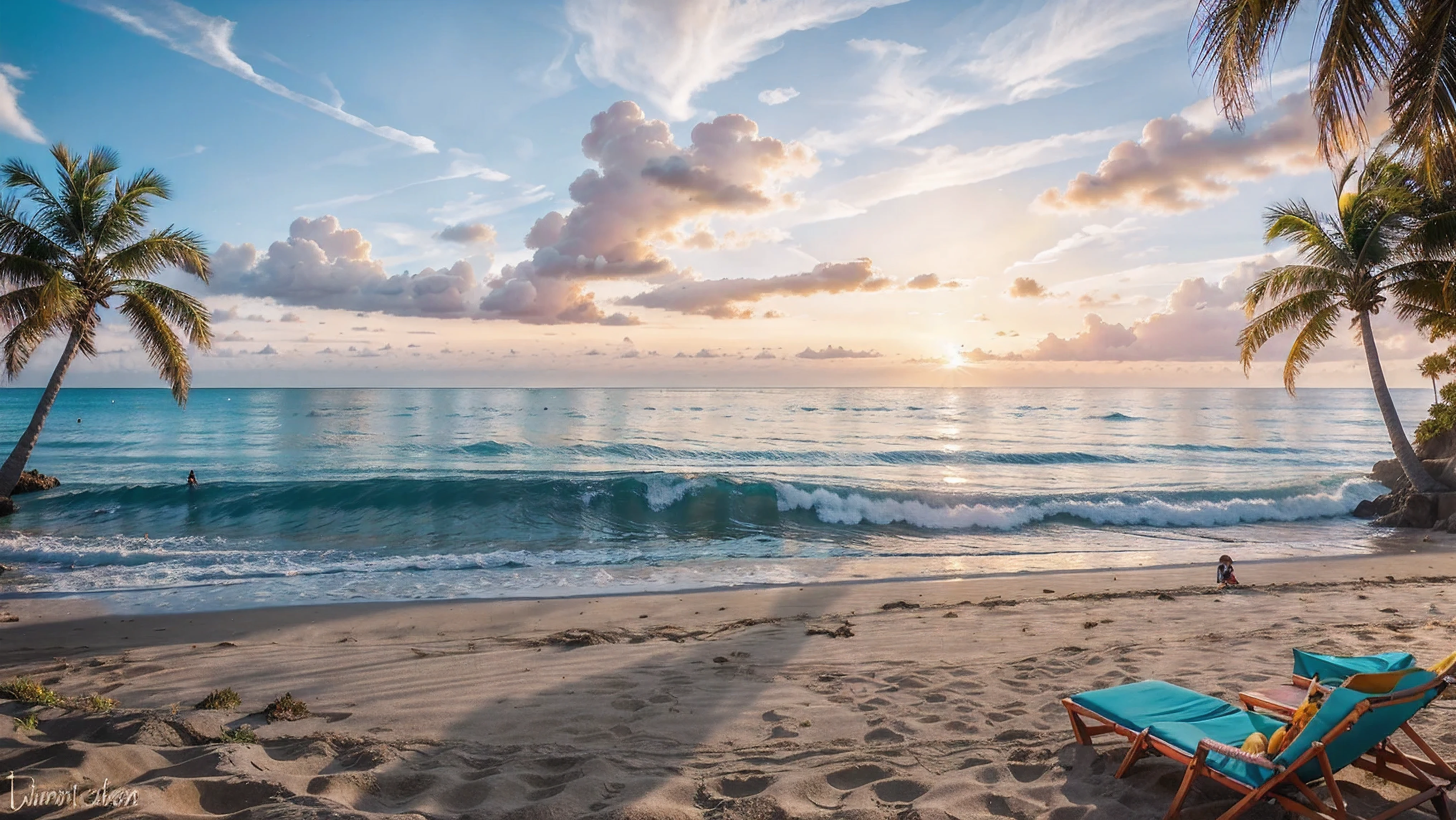 The scene is set on a vibrant, bustling Malibu beach, where the sun casts its golden rays upon the glistening sand, creating a warm and inviting atmosphere. The azure waves rhythmically kiss the shoreline, producing a soothing sound that harmonizes with the lively chatter of beachgoers. In the foreground, a colorful umbrella stands tall, its fabric rippling gently in the ocean breeze. Beneath it, a beach chair invites relaxation, its cushions adorned with vibrant patterns that mirror the kaleidoscope of hues dotting the coastline. Further down the beach, a jet ski rests on the sand, its sleek design contrasting with the organic shapes of the surrounding landscape. Its vibrant colors hint at the thrill and adventure it offers, beckoning adventurers to explore the cerulean waters beyond. As the sun reaches its zenith, the scene comes alive with an explosion of color. Beach towels sprawl across the sand, each one a canvas of bold patterns and tropical motifs. Families frolic in the shallows, their laughter mingling with the cries of seagulls soaring overhead. In the distance, palm trees sway gently against the backdrop of a clear, azure sky, their fronds casting dappled shadows on the sand below. The scent of salt hangs in the air, mingling with the tang of sunscreen and the aroma of freshly grilled seafood from nearby beachside cafes. As the day wears on and the sun begins its descent, the beach takes on a magical quality. The sky ignites in a fiery display of oranges, pinks, and purples, casting a warm glow over the entire scene. Silhouettes of beachgoers dance against the backdrop of the setting sun, their joyous spirits mirroring the beauty of the paradise they inhabit.