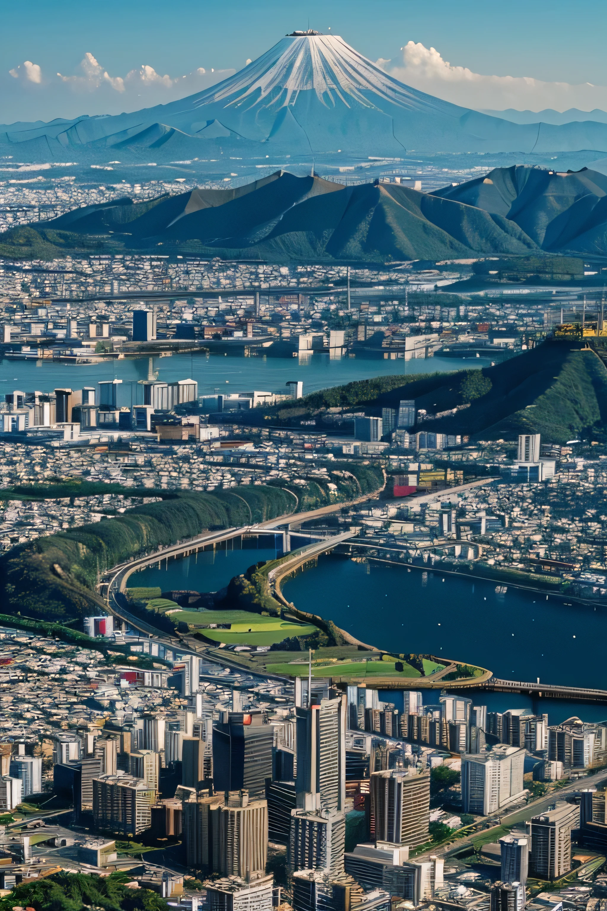 me crie uma imagem de uma cidade japonesa, uma cidade normal, e no fundo montanhas belissimas e nas montanhas um templo em volta