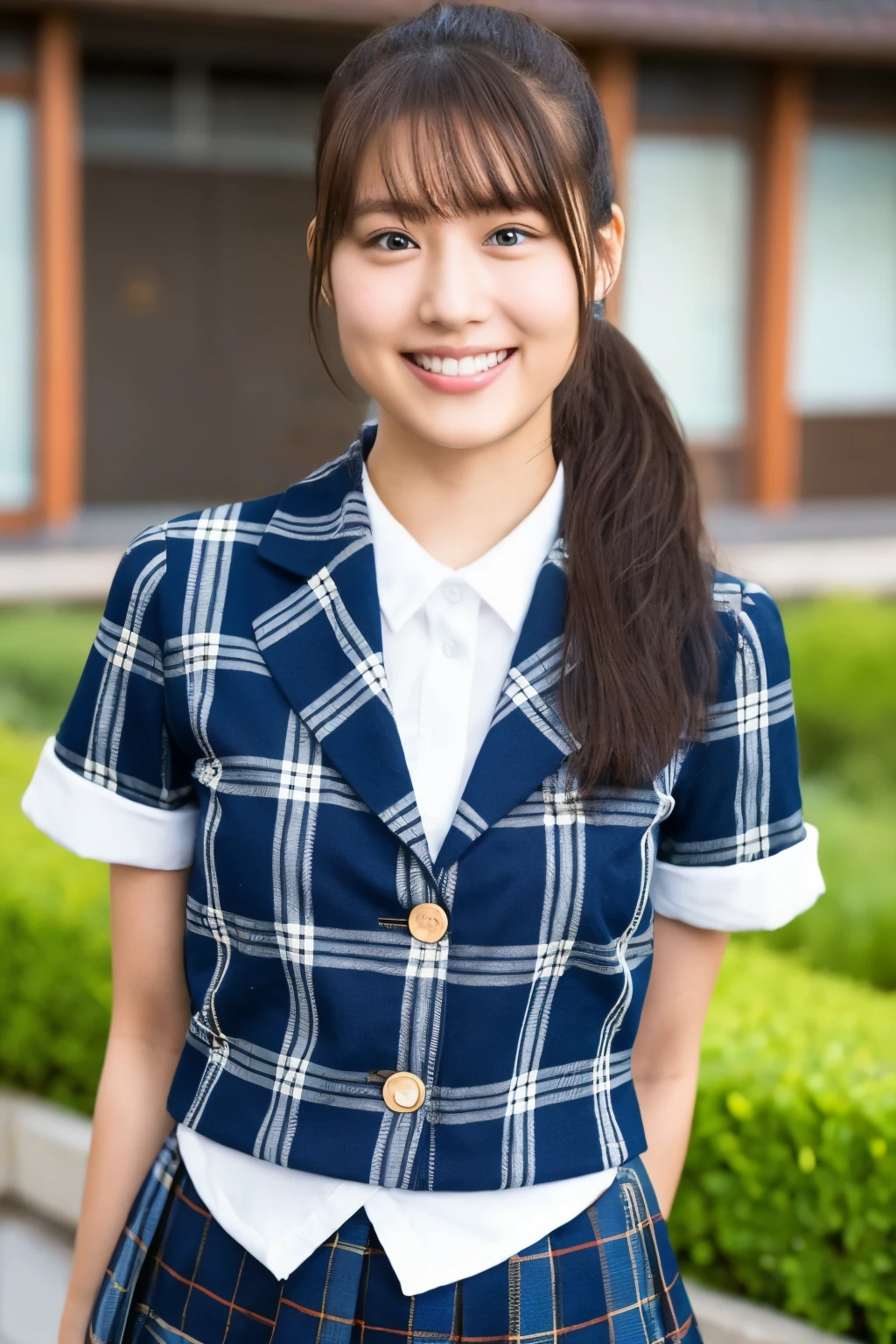 High resolution, Very detailed,Ultra HD,girl wearing japanese high-school uniform , round face,Very cute face, Plaid microskirt,Japanese,18-year-old,A big smile,whole body,Thighs,Big Breasts,Black hair ponytail