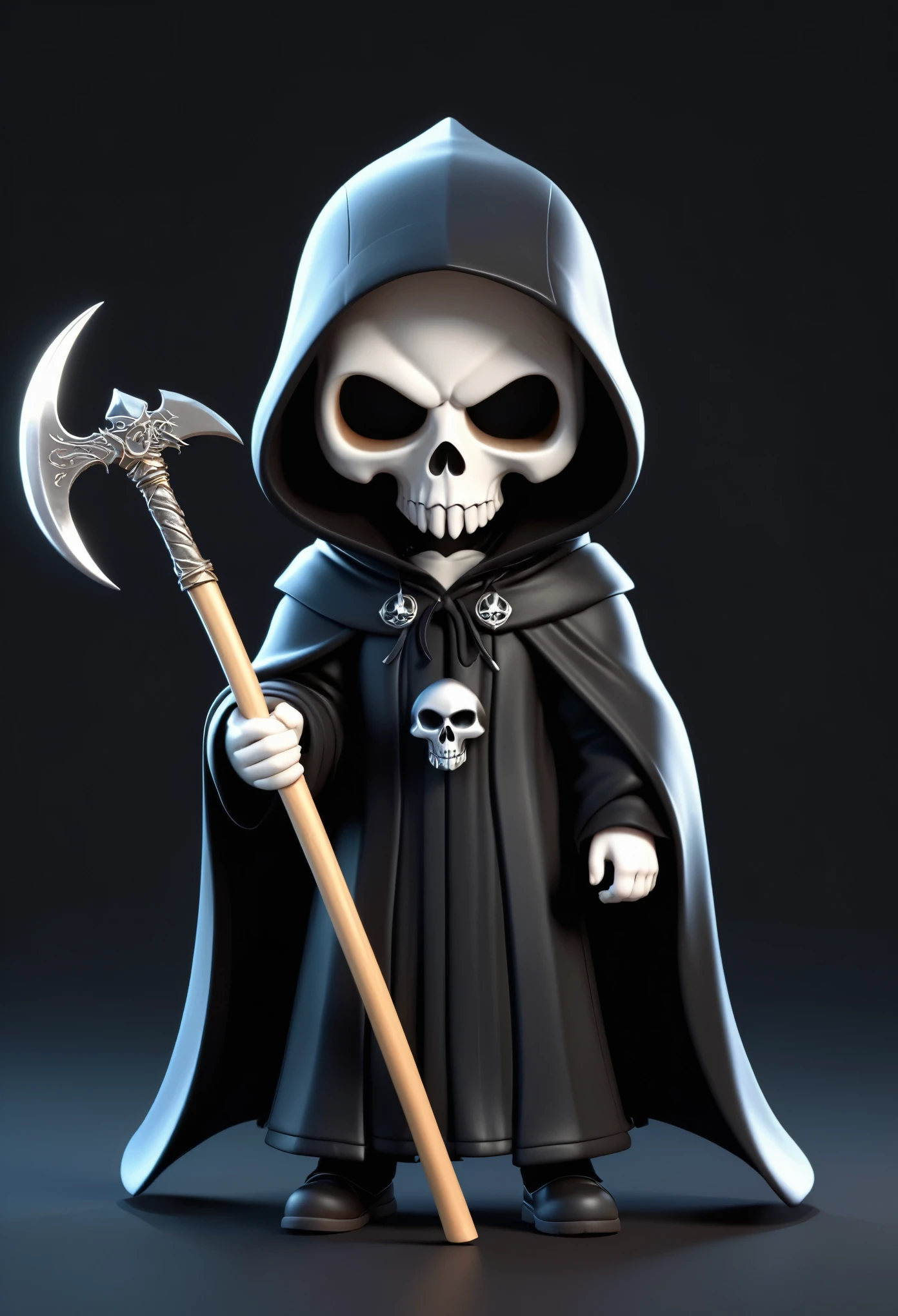 A cute little grim reaper, black cloak and hood with scythe, chibi style, dark background, full body shot, 3d render, blender, unreal engine V, octane rendering, in the style of hyper realistic, ultra detailed.