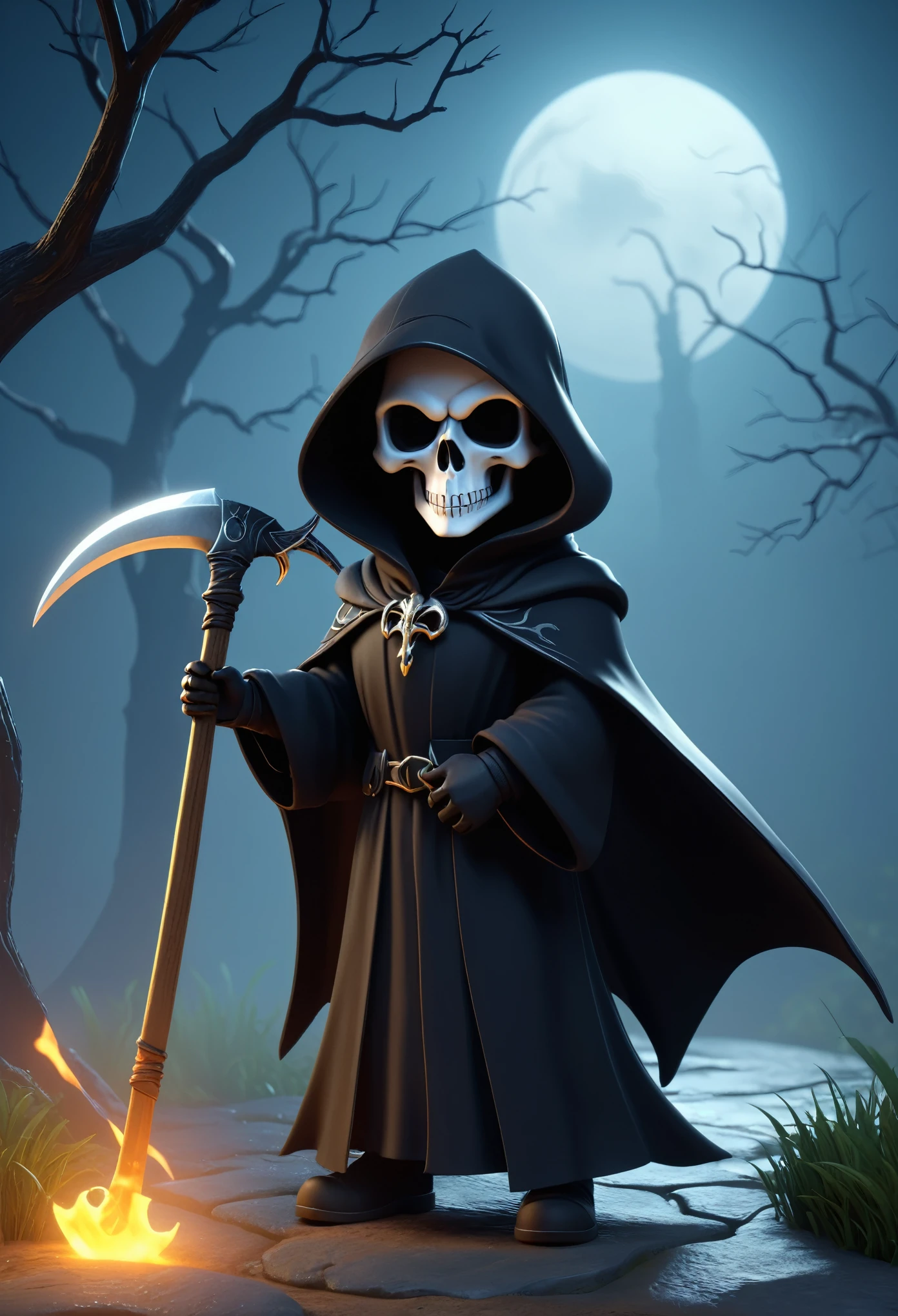 A cute little grim reaper with a scythe, a black cloak, a dark background, foggy, in the style of octane render, in the style of unreal engine, in the style of game art.