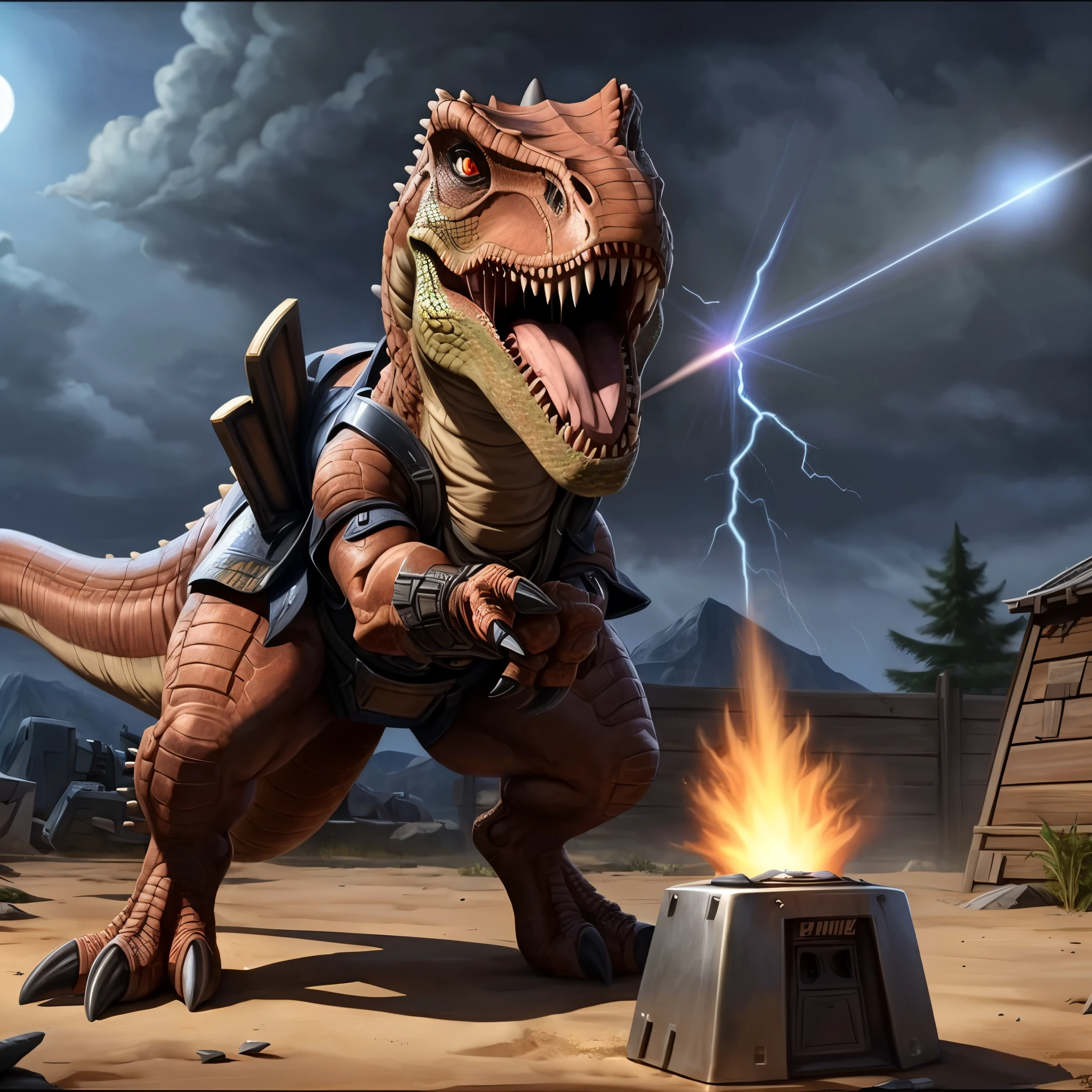 (((dinosaur character, full body, cinematic setting, lizard male))) Here I come, drop your jaws to the floor I'm riding on my (((mighty laser-shooting dinosaur))) Here we come, can you hear him roar? Prepare for epic fight and his (((laser missiles))) The sound is boom, boom, boom for every time a goblin dies Let's sing now, here we go, hear my battle cries (((Made of metal))) from the moon Assembled by samurai His battery gets charged by thunderstorm With most advanced AI Devouring trolls and unicorns From his maw there comes a flame Burning away our enemies And therefore we proclaim BREAK, detailed background, 8K, (masterpiece:1.5), intricate details, highly detailed, extreme detail, octane render, fine art, best quality, highres, (detailed face:1.5), ((full_body)), UHD, (((perfect hands))), low light