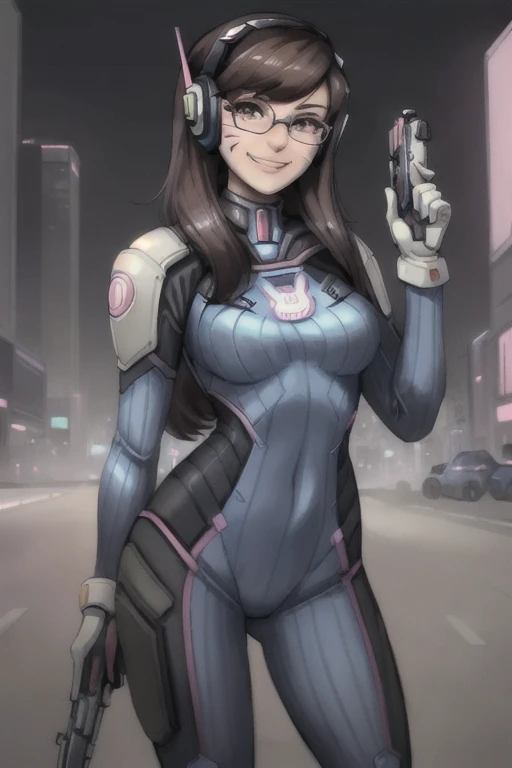 ((masterpiece,best quality)), sssniperwolf portraying the character of D.VA from Overwatch, high detail face, glasses, headphones, whisker markings, shoulder pads, blue bodysuit, ribbed bodysuit, animal print, clothes writing, long sleeves, white gloves, cowboy shot, standing, holding weapon, handgun, smile, cyberpunk,
