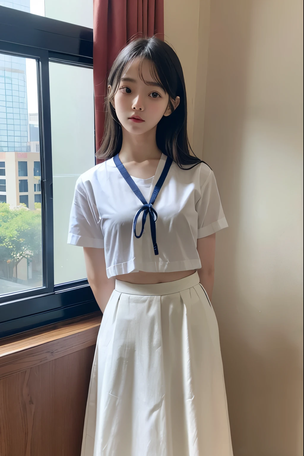 A cute girl who has been  and tied up、Beauty、Make your eyes even、My hands are tied with ropes、Inside the hotel room、White short-sleeved shirt、Navy semi-long skirt、Standing in front of the window、Age 25、Medium build、Like real life、highest quality、