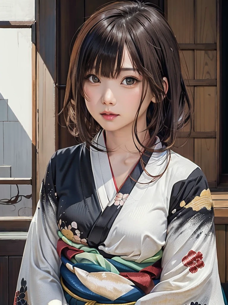 (highest quality、8K、32k、masterpiece)、(masterpiece,newest,exceptional:1.2), anime,1girl,bangs,black_hair, beautiful 8k eyes,cloud,day,dress,looking_at_viewer,outdoors,red_neckwear,red_ribbon,ribbon,river,short_hair,short_sleeves,sky,skyscraper,solo,standing,town,water、((Very beautiful woman, Fuller lips, Japanese pattern kimono))、((Colorful Japanese kimono)))、(((Medium Shot)))、Blunt bangs、(High resolution)、、very beautiful face and eyes、1 girl 、round and small face、thin waist、delicate body、(highest quality high detail Rich skin details)、(highest quality、8K、oil paint:1.2)、Super detailed、(realistic、realistic:1.37)、bright colors、(((Black Hair)))、(((Long Hair)))、(((Cowboy photos)))、((( Inside an old Japanese house)))、(masterpiece, top quality, best quality, official art, beautiful and aesthetic:1.2), (1girl), extreme detailed,(fractal art:1.3),colorful,highest detailed,Sengoku period(High resolution)、Very beautiful face and eyes、1 girl 、Round and small face、Narrow waist、Delicate body、(highest quality high detail Rich skin details)、(highest quality、8k、Oil paint:1.2)、(Realistic、Realistic:1.37)、ncorporates a blend of watercolor and digital illustration techniques
