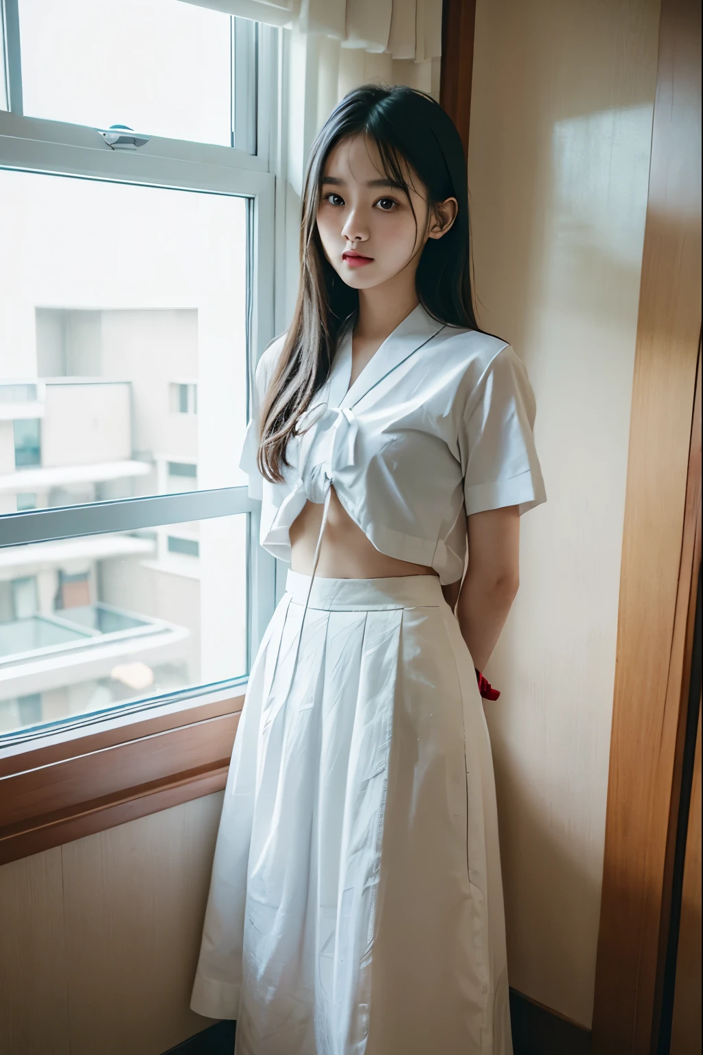 A cute girl who has been  and tied up、Beauty、Make your eyes even、My hands are tied with ropes、Inside the hotel room、White short-sleeved shirt、Navy semi-long skirt、Standing in front of the window、Age 25、Medium build、Like real life、highest quality、