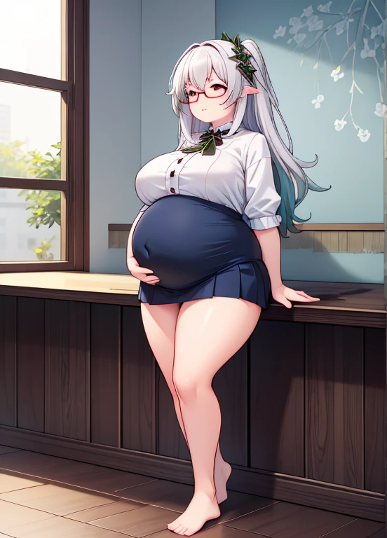 (masterpiece, best quality, highly detailed), 1girls, big belly, huge belly, art by kipteitei, round belly, chubby, curvy, belly grab, enormous belly, fat belly, thicc, bigger belly, really big belly, jiggly belly, (pregnant), ((very tired, exhausted)), thight blouse, skirt, glasses, barefoot, ((full body)), (grown up), ((milf))