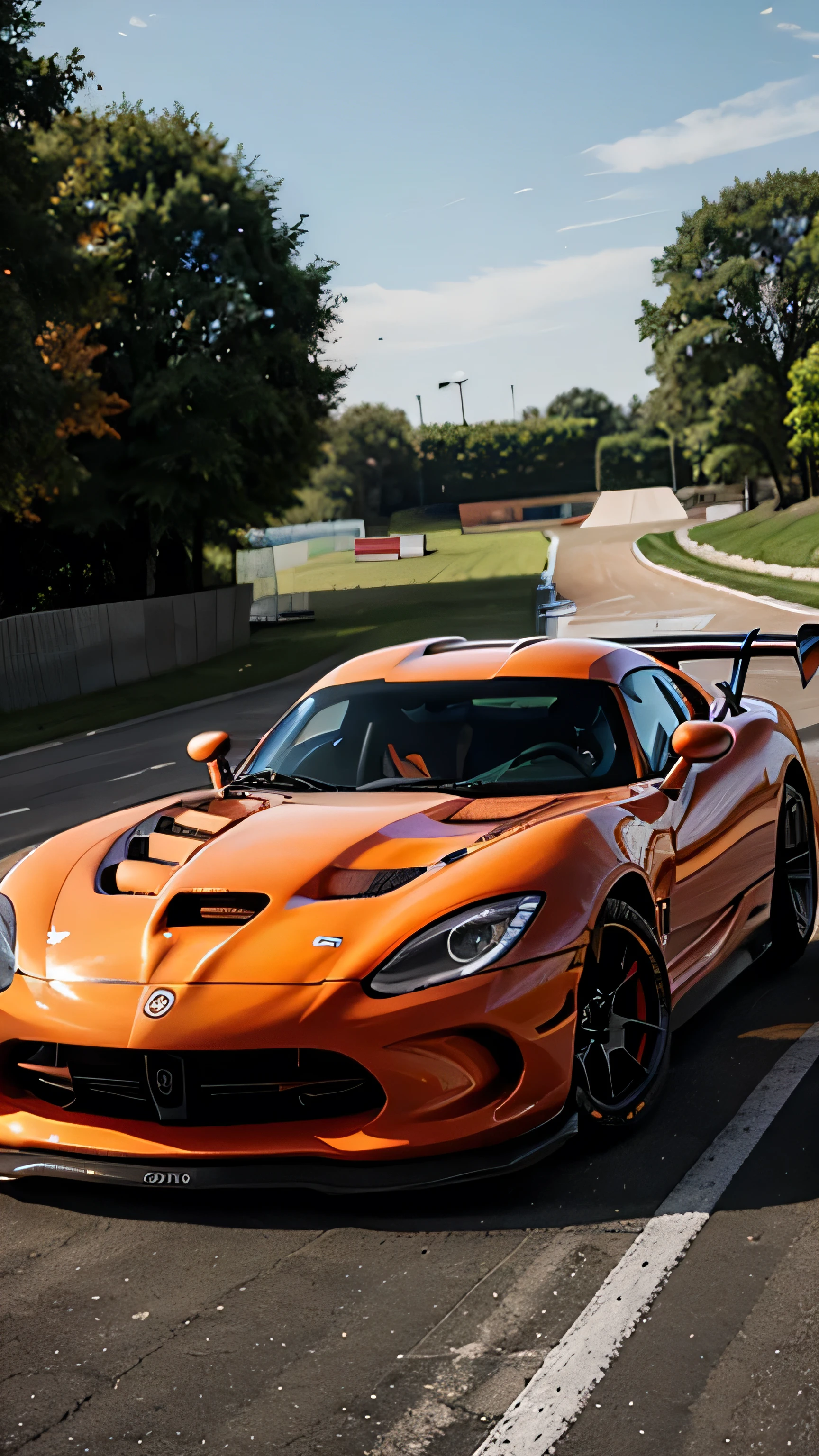 Dodge Viper GT3-R, with orange paint, with a mid-engine design, wide bodied.