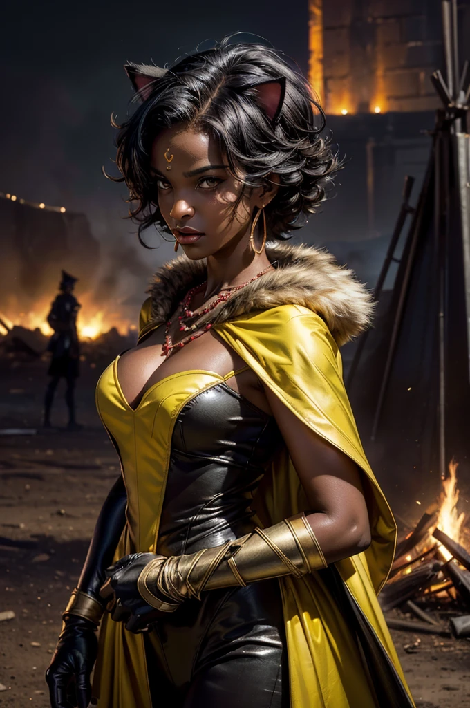 (masterpiece,stunning girlfriend, (standing:1.1), dynamic pose, heart shaped face, elegant face, beautiful face, highly detailed face, highres, masterpiece,best quality,original,extremely detailed CG,extremely detailed wallpaper,perfect lighting,looking at viewer,bare hands,1girl, SiennaKhan,short hair,black hair,animal ears,yellow eyes,cat ears,dark skin,dark-skinned female,gloves,jewelry,earrings,cape,facial mark,cleavage cutout,hoop earrings, standing, outside, dystopian future, post apocalyptic city, crowd, (crowd in military uniforms), bonfires, closed mouth, serious look, serious expression, looking at viewer,