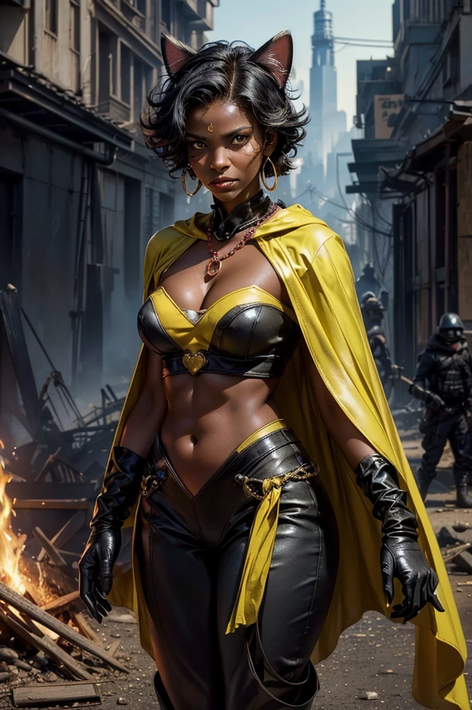 (masterpiece,stunning girlfriend, (standing:1.1), dynamic pose, heart shaped face, elegant face, beautiful face, highly detailed face, highres, masterpiece,best quality,original,extremely detailed CG,extremely detailed wallpaper,perfect lighting,looking at viewer,bare hands,1girl, SiennaKhan,short hair,black hair,animal ears,yellow eyes,cat ears,dark skin,dark-skinned female,gloves,jewelry,earrings,cape,facial mark,cleavage cutout,hoop earrings, standing, outside, dystopian future, post apocalyptic city, crowd, (crowd in military uniforms), bonfires, closed mouth, serious look, serious expression, looking at viewer,