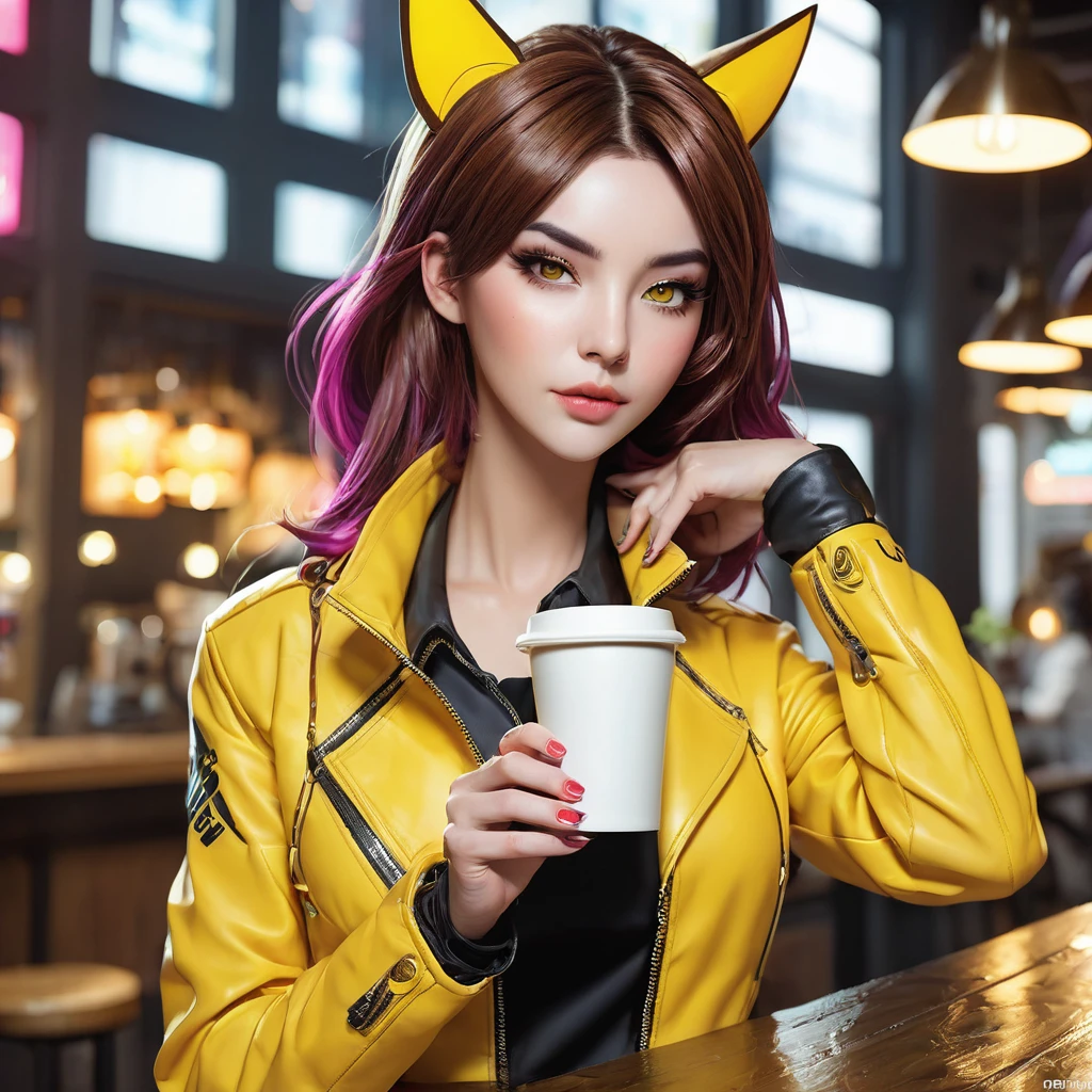 a woman in a yellow jacket holding a cup of coffee, extremely detailed artgerm, anime girl drinks energy drink, senna from league of legends, lovely brigitte from overwatch, brigitte from overwatch, ruan jia and artgerm, trending artgerm, faye valentine, like artgerm, range murata and artgerm, ig model | artgerm