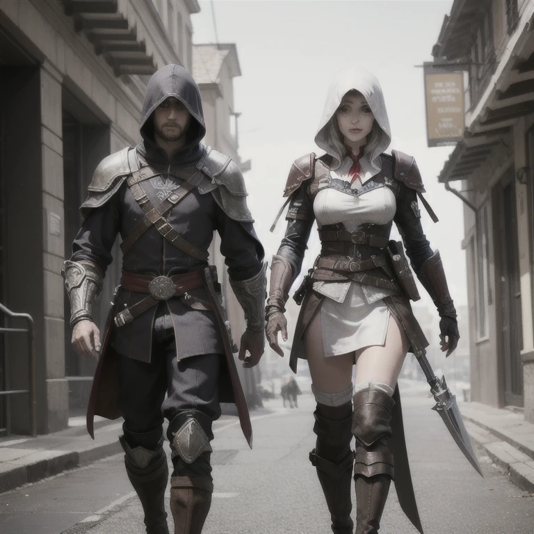 A full-body shot of topless Princess Zelda, brown hair, blue eyes, dressed as an Assassin from Assassins Creed, in white+gold witha white mask and hood with gold details, XL bust, using a wrist blade. Background: A city during the renaissance period. Unreal Engine 5, Anime, Anime style, Masterpiece, Well drawn eyes, well drawn face, well detailed eyes, well detailed face, 8k, light and shadow effect.