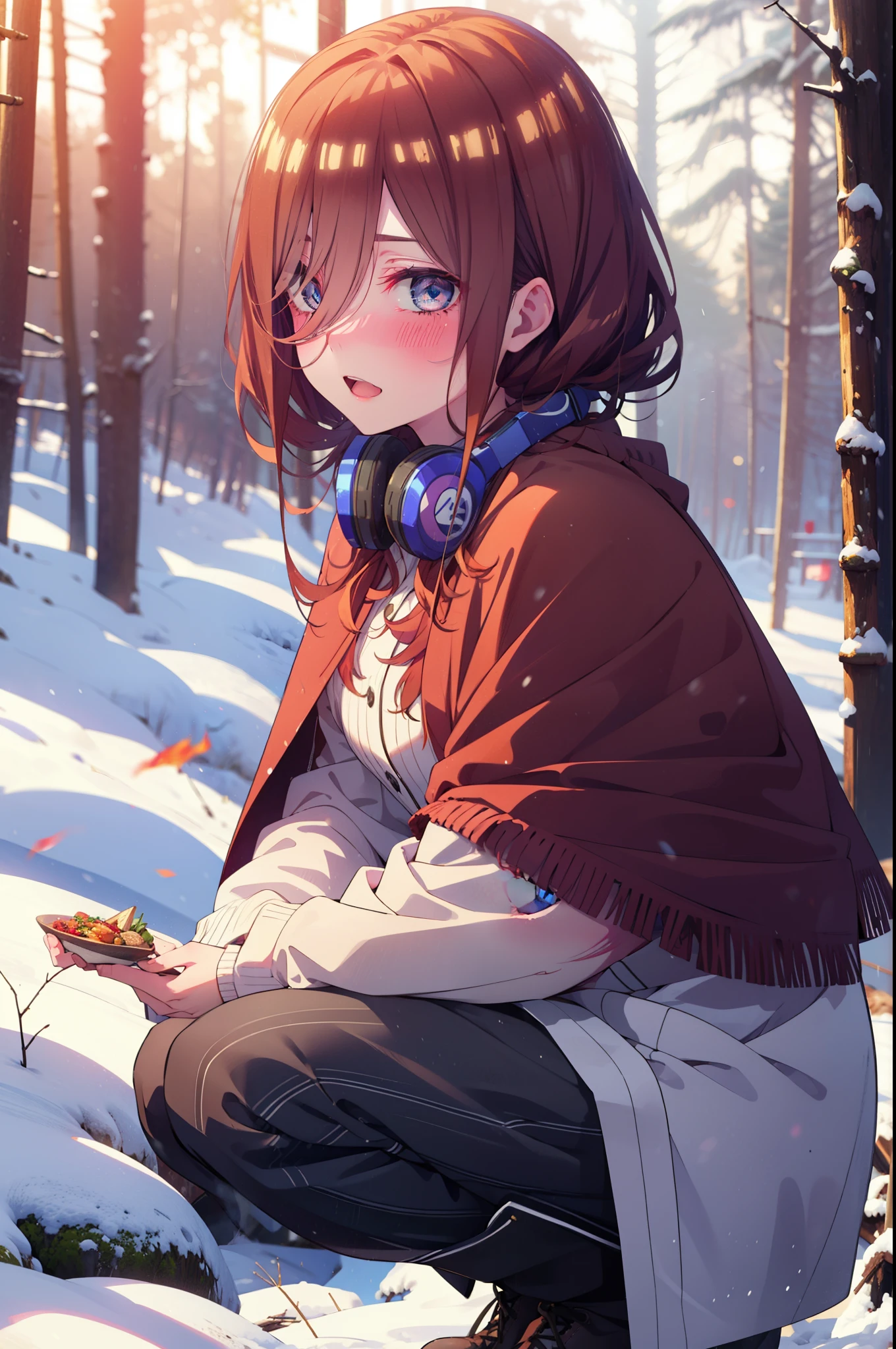 Miku Nakano, Miku Nakano, Long Hair, bangs, Brown Hair, shirt, Hair between the eyes, cardigan, Headphones around the neck,smile,blush,White Breath,
Open your mouth,snow,Ground bonfire, Outdoor, boots, snowing, From the side, wood, suitcase, Cape, Blurred, Increase your meals, forest, White handbag, nature,  Squat, Mouth closed, フードed Cape, winter, Written boundary depth, Black shoes, red Cape break looking at viewer, Upper Body, whole body, break Outdoor, forest, nature, break (masterpiece:1.2), highest quality, High resolution, unity 8k wallpaper, (shape:0.8), (Beautiful and beautiful eyes:1.6), Highly detailed face, Perfect lighting, Extremely detailed CG, (Perfect hands, Perfect Anatomy),