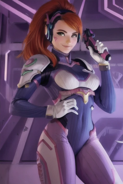 ((masterpiece,best quality)), Amourath portraying the character of D.VA from Overwatch, high detail face, red hair, headphones, whisker markings, shoulder pads, blue bodysuit, ribbed bodysuit, animal print, clothes writing, long sleeves, white gloves, cowboy shot, standing, holding weapon, handgun, smile, cyberpunk,
