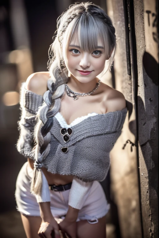 RAW Photos, 8k, (highest quality), sit、Realistic, (live-action, Intricate details), (Natural skin texture, Detailed skin, Hyperrealism, Sharpness), (Japanese teenage girl standing in a dirty back alley at night, graffitied wall:1.3, Sexy pose), ((White knit sweater, Off the shoulder, Black shorts)), (((Flat Chest:1.5))), (Pale skin:1.2), ((Gray Hair, Braid, Blunt bangs)), (Fascinating face, Provocative look, Lips parted:1.3), thigh, graffiti:1.5, trash can, at night, Spot lighting:1.3, Full Body Shot